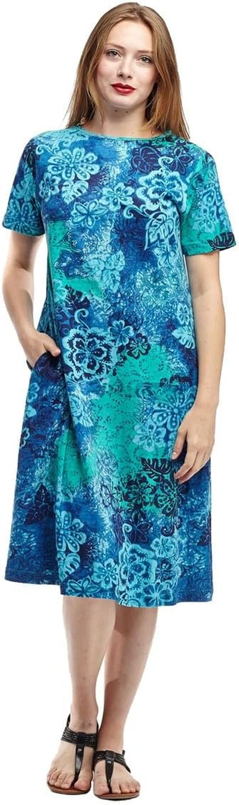 Women'S Cotton Sun Dresses A-Line with Scoop Neck, Short Sleeves, Side Pockets, Floral Patterns, Machine Wash