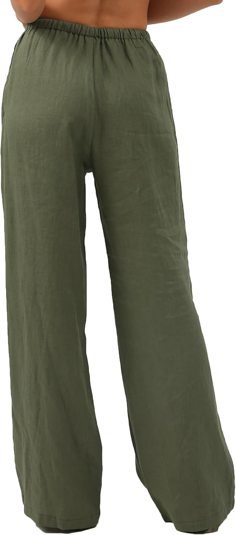 Womens Pure Linen Summer Drawstring Flowy Wide Leg Pants with Pockets