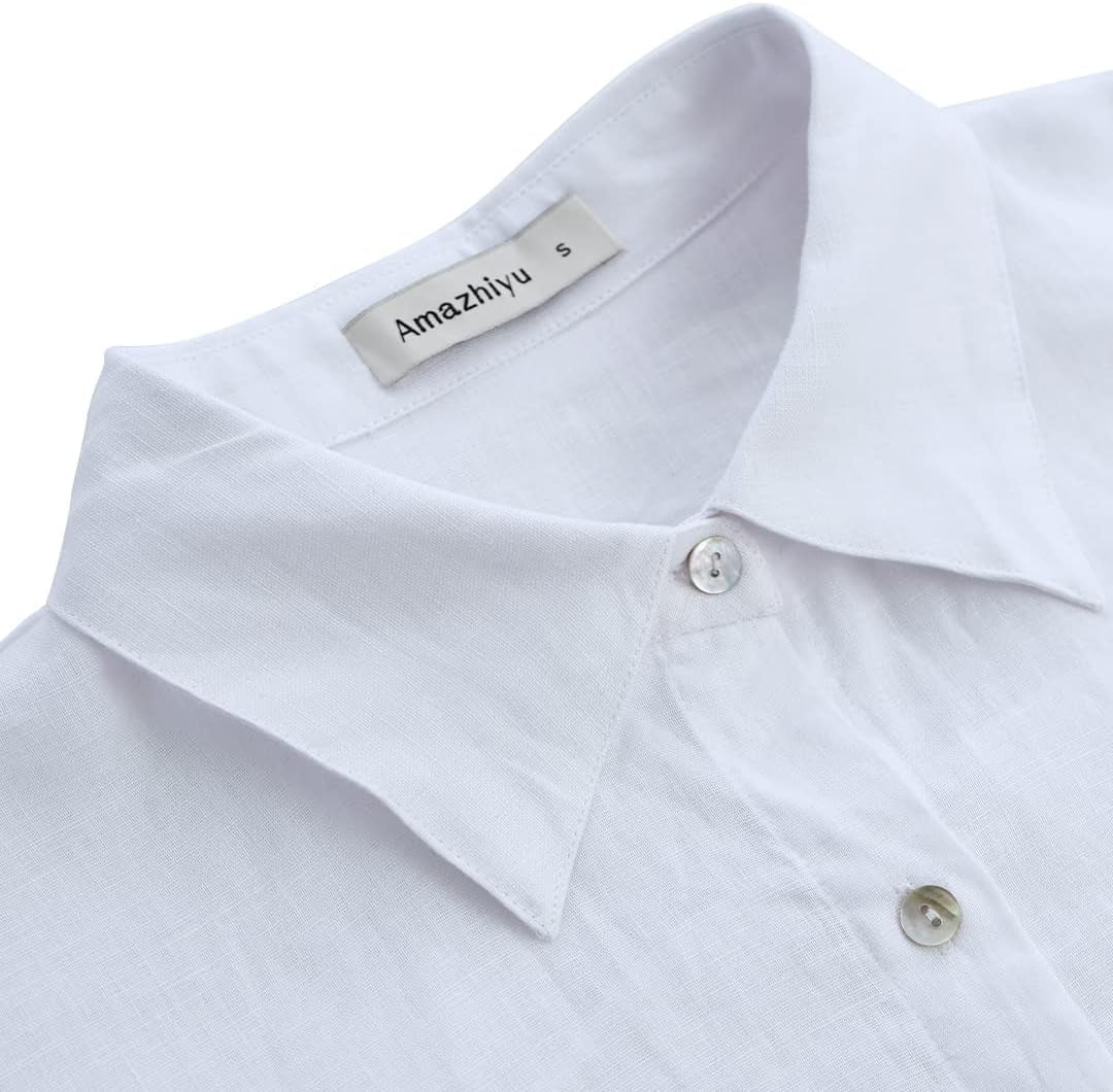 Womens Pure Linen Button down Shirt Long Sleeve Business Causal Collared Blouse