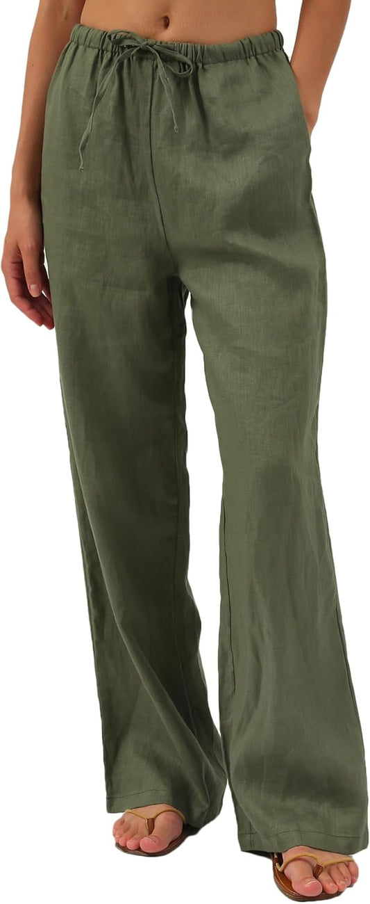 Womens Pure Linen Summer Drawstring Flowy Wide Leg Pants with Pockets