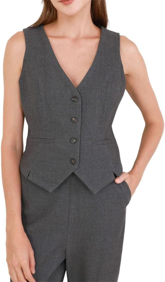 Women'S Wool Button-Up Sleeveless Waistcoat Vest Crop Top with Pockets
