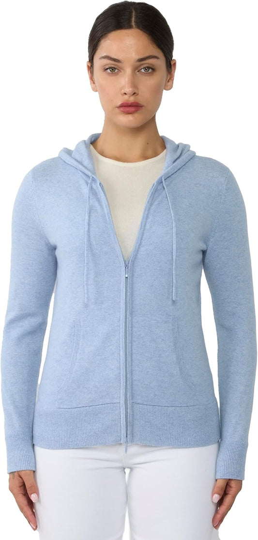 Women'S 100% Pure Cashmere Long Sleeve Zip Hoodie Cardigan Sweater