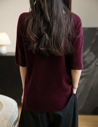 Women'S 100% Merino Wool Spring Fall Winter First-Line Ready to Wear Seamless Knit Crewneck Short Sleeve Sweater