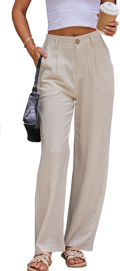 Women'S Linen Casual High Waist Wide Leg Straight Dress Cotton Linen Pants Button Trousers