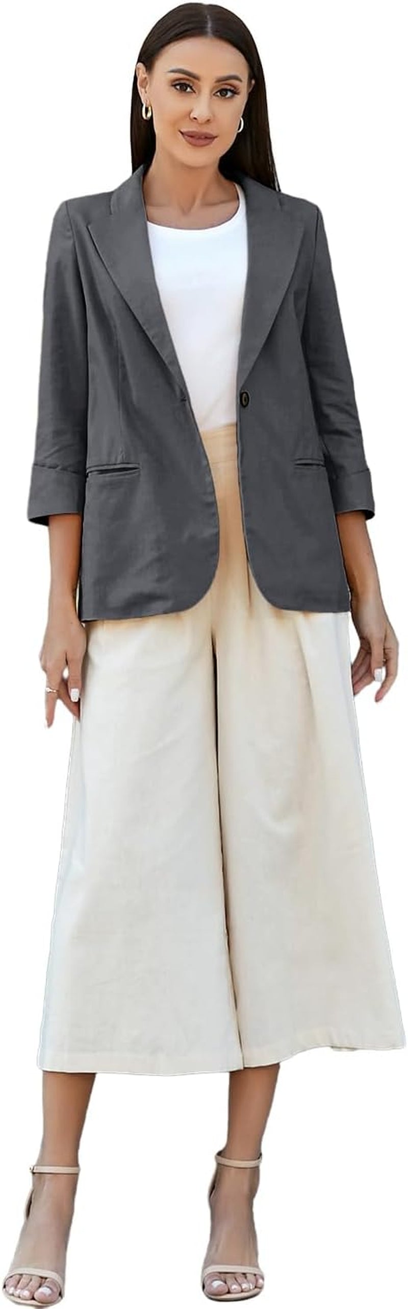 Linen Blazer Women 3/4 Sleeve Lightweight Spring Summer Blazer Jackets