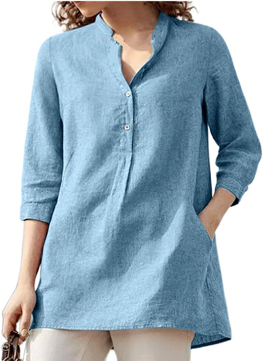 Women'S Summer Cotton Linen 3/4 Sleeve Tunic Top Dressy Casual Loose Beach Button Blouse Shirt with Pockets