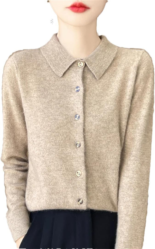 Women Cashmere Polo Collar Cardigan Basics Sweater 100% Merino Wool Knitwear Grace Soft Clothes Top