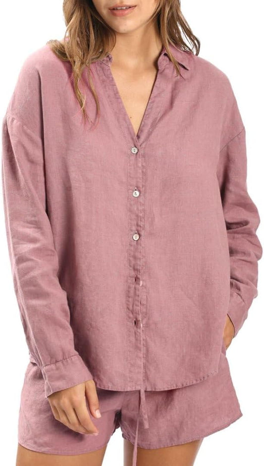 Women'S 100% Linen Plant-Dyed Long Sleeve Button-Down Shirt Blouse