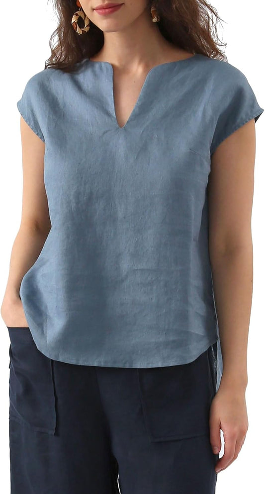 Women'S 100% Linen Summer V Neck Cap Sleeve Blouse Basic Casual Top