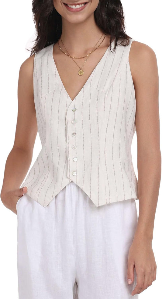Womens Pure Linen Sleeveless Button down Crop Top V Neck Waistcoat Vest