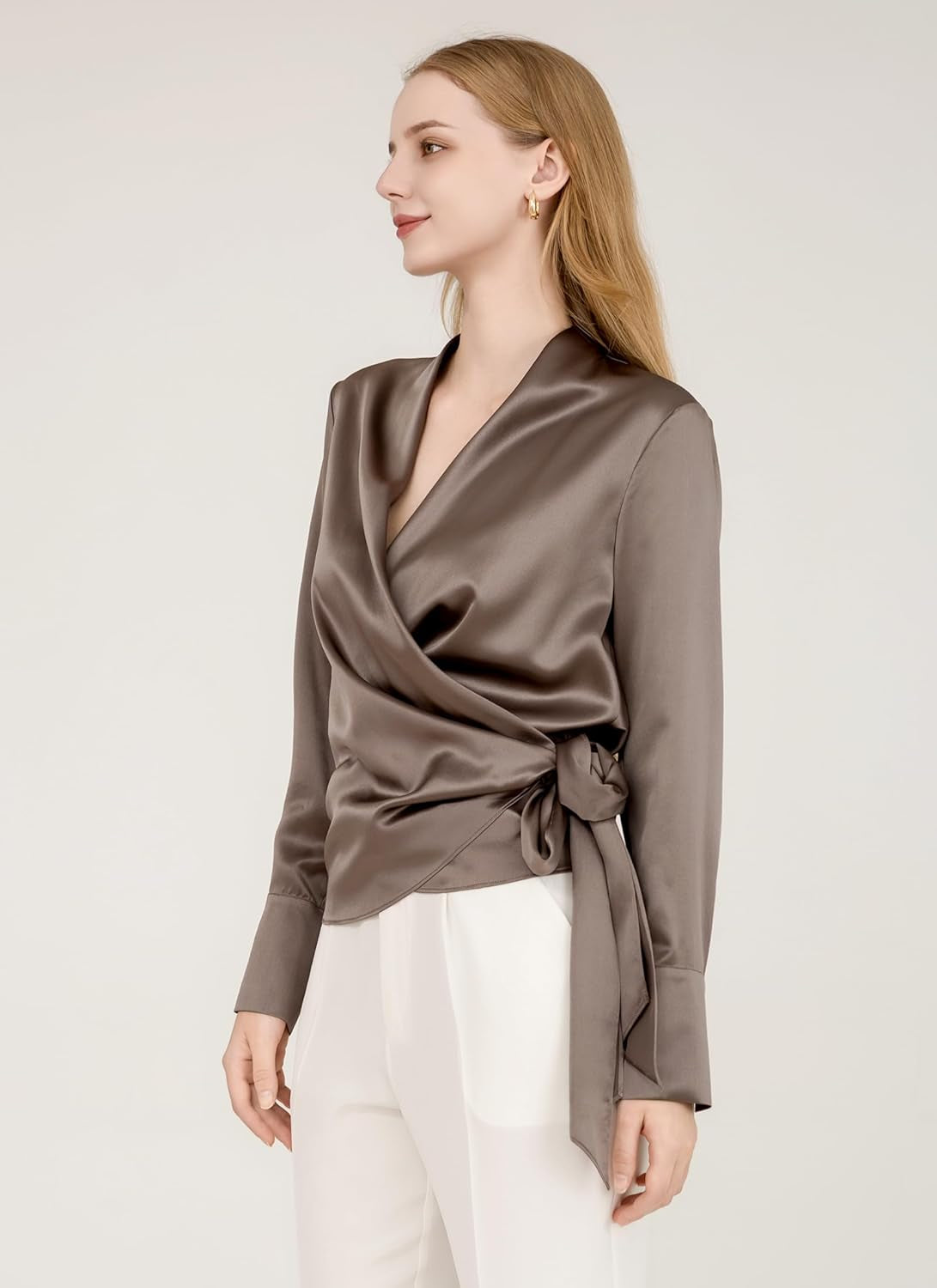 Luxury Mulberry Silk Elegant Fitted Wrap Silk Blouse Long Sleeve Shirt