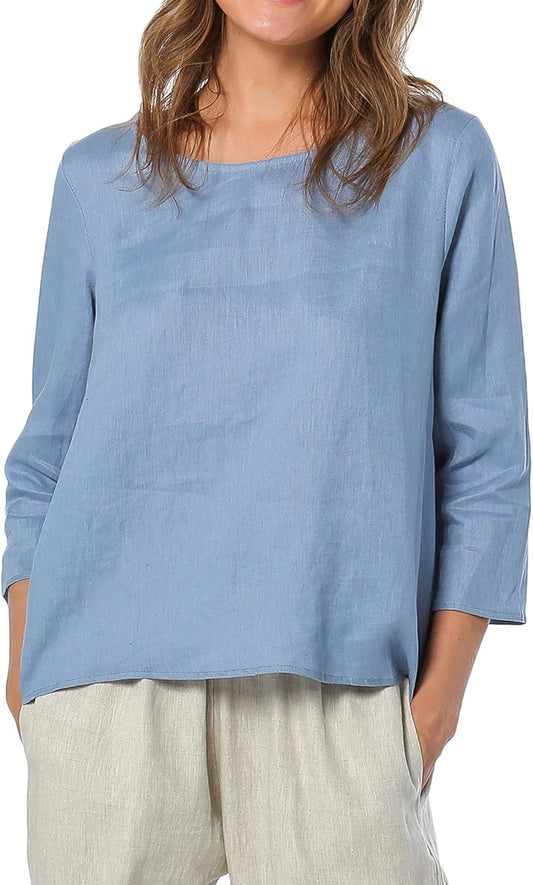 Women'S Linen 3/4 Sleeve Blouse Crew Neck Summer Casual Tops Loose Fit