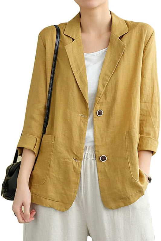 Cotton Linen Blazer for Womens Long Sleeve Loose Casual Blazer Jackets