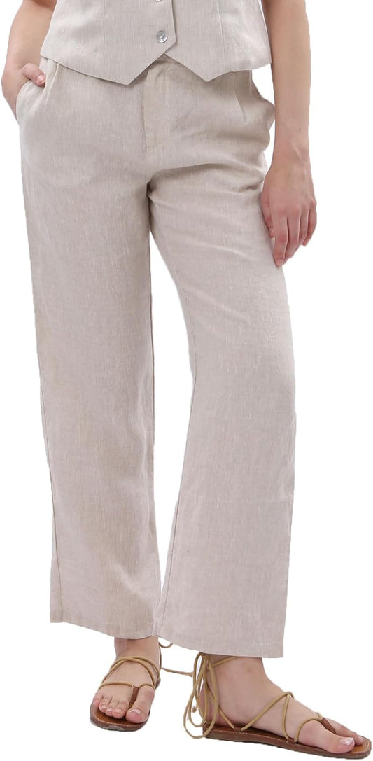 Women'S 100% Linen Summer Classic High-Waisted Straight-Leg Pants Casual