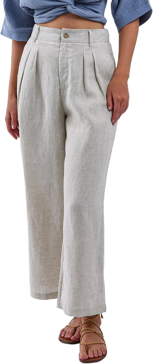 Women'S 100% Linen Summer High-Waisted Wide Leg Pants with Pockets