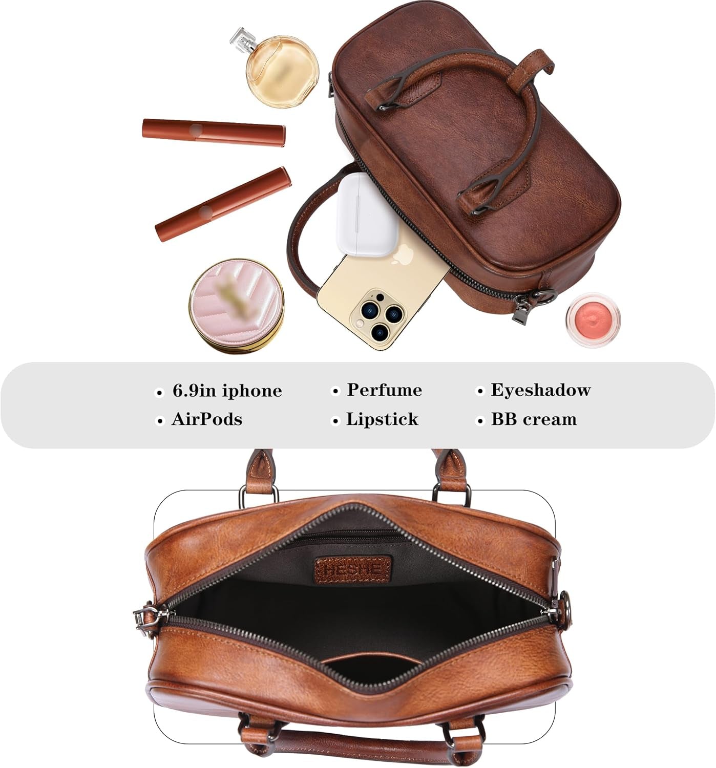 Leather Shoulder Bags for Women Satchel Handbags Zipper Crossbody Purse Top Handle Barrel Purse with Adjustable Strap