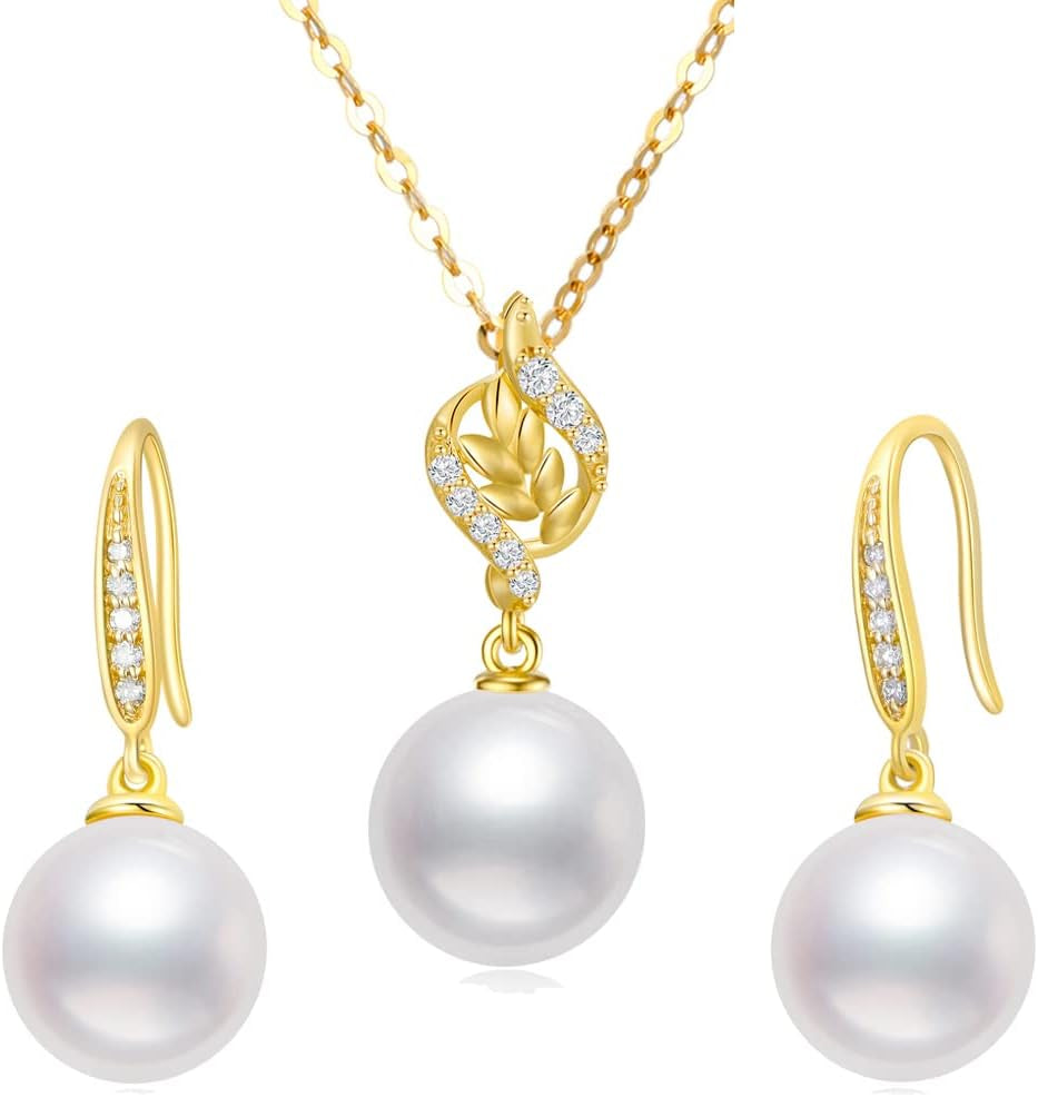 10K Gold Diamond Pearl Necklace and Dangle Earrings for Women, Fine Jewelry Set Gifts for Her