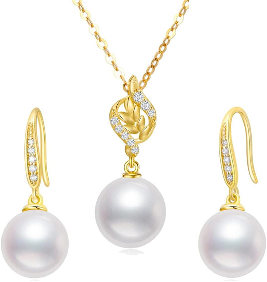 10K Gold Diamond Pearl Necklace and Dangle Earrings for Women, Fine Jewelry Set Gifts for Her
