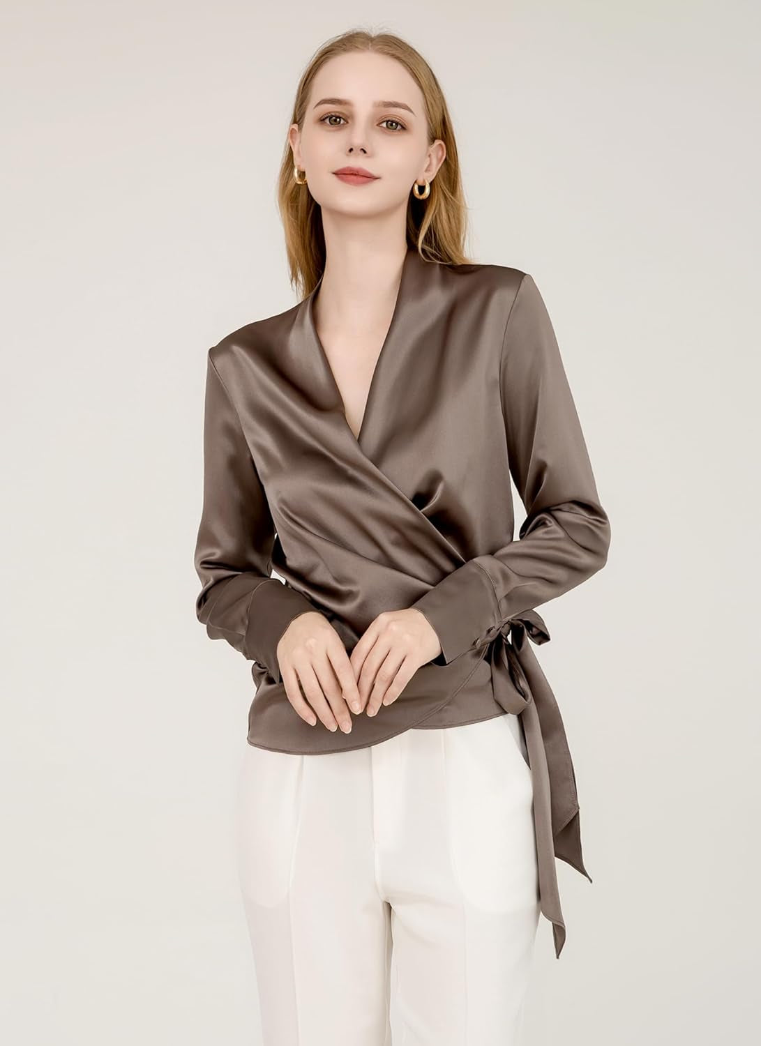 Luxury Mulberry Silk Elegant Fitted Wrap Silk Blouse Long Sleeve Shirt