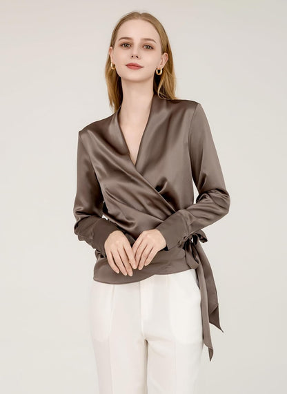 Luxury Mulberry Silk Elegant Fitted Wrap Silk Blouse Long Sleeve Shirt