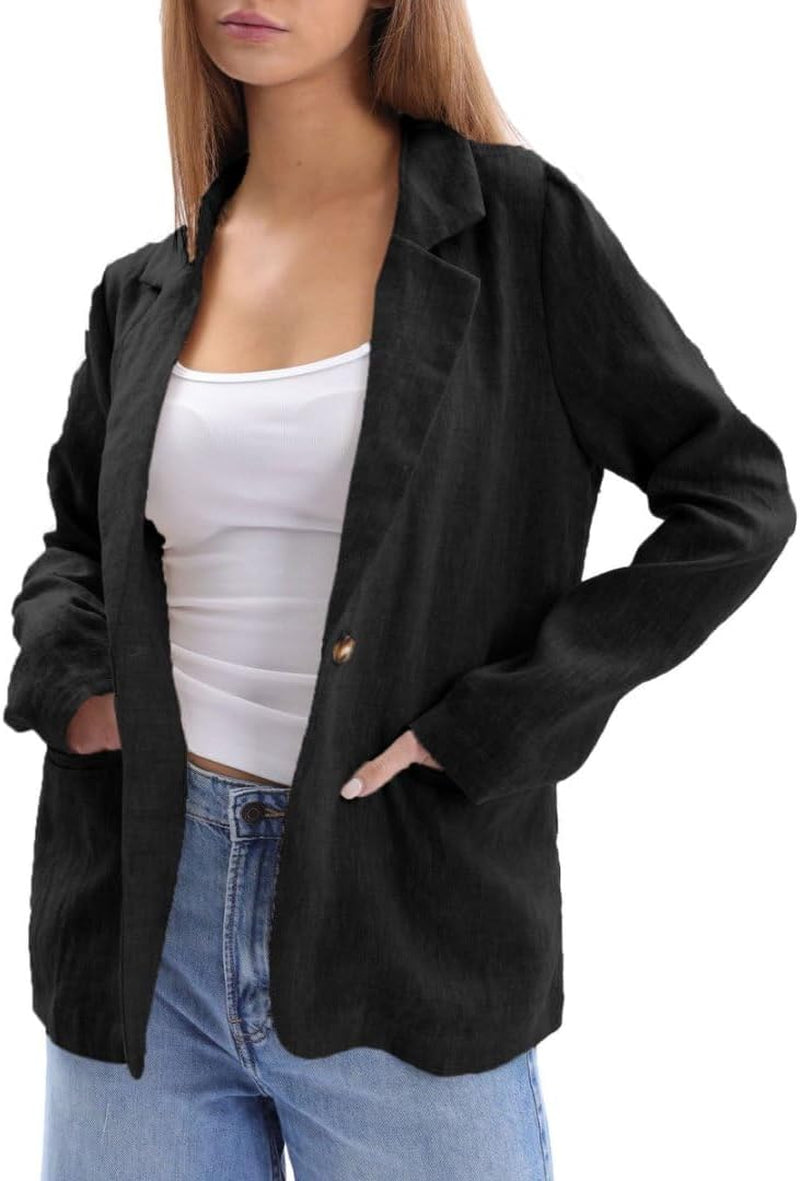 Women'S 100% Linen Notched Button Blazer Long Sleeve Jackets Office Coat