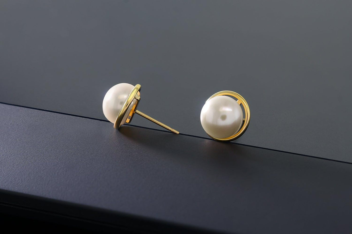 14K Yellow Gold 8MM White Button Shape Cultured Freshwater Pearl Stud Earrings for Women