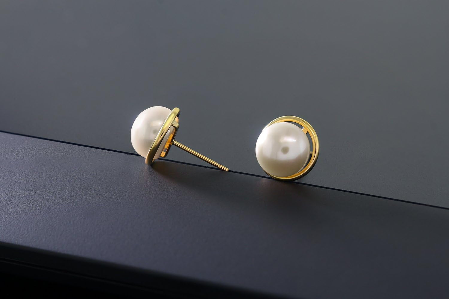 14K Yellow Gold 8MM White Button Shape Cultured Freshwater Pearl Stud Earrings for Women