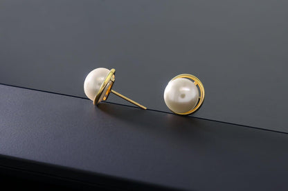 14K Yellow Gold 8MM White Button Shape Cultured Freshwater Pearl Stud Earrings for Women