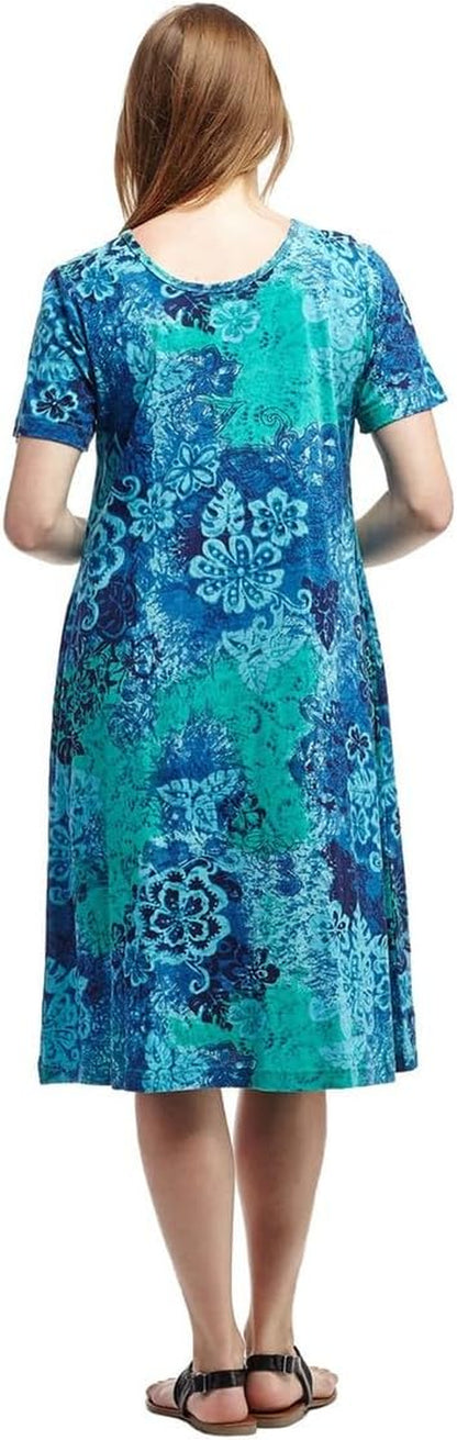 Women'S Cotton Sun Dresses A-Line with Scoop Neck, Short Sleeves, Side Pockets, Floral Patterns, Machine Wash