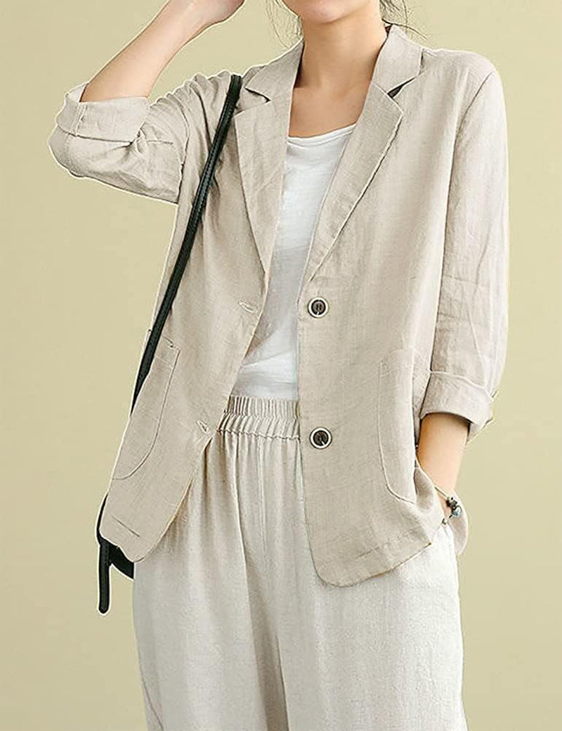 Cotton Linen Blazer for Womens Long Sleeve Loose Casual Blazer Jackets