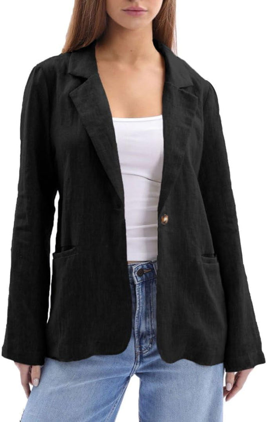 Women'S 100% Linen Notched Button Blazer Long Sleeve Jackets Office Coat