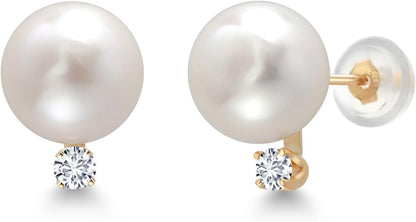 14K Yellow Gold Cultured Freshwater Pearls and White Lab Grown Diamond Stud Earrings for Women (Pearl: 6.5MM, Diamond: 0.13 Cttw, round 2.5MM)