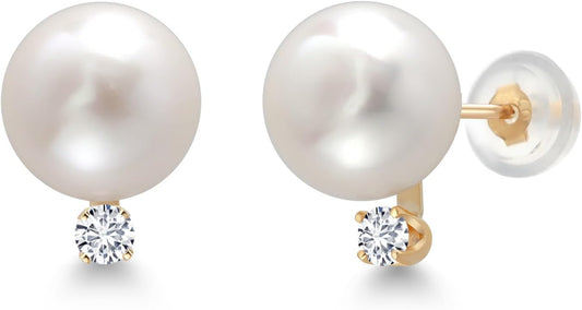 14K Yellow Gold Cultured Freshwater Pearls and White Lab Grown Diamond Stud Earrings for Women (Pearl: 6.5MM, Diamond: 0.13 Cttw, round 2.5MM)
