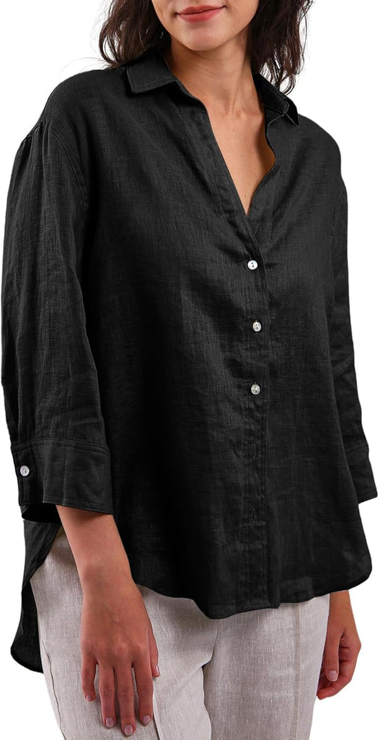 Women'S 100% Linen Summer 3/4 Sleeve Button down Shirt High Low Tops