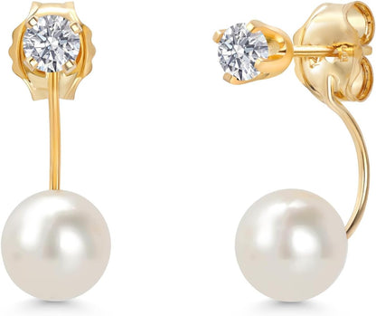 14K Yellow Gold Lab Grown Diamond Earrings for Women | 0.20 Cttw | Gemstone April Birthstone round 3MM | with Cultured Freshwater Pearls
