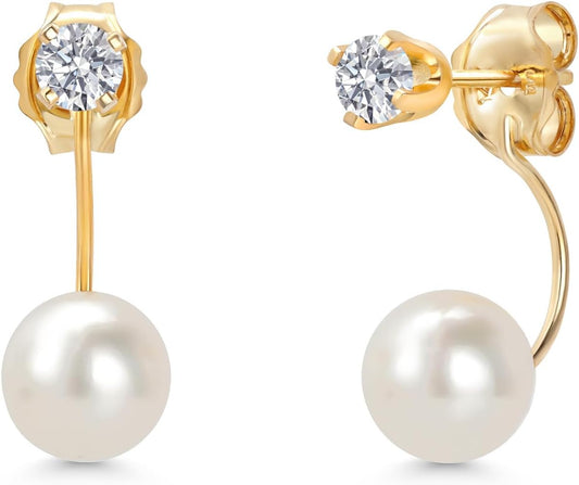 14K Yellow Gold Lab Grown Diamond Earrings for Women | 0.20 Cttw | Gemstone April Birthstone round 3MM | with Cultured Freshwater Pearls