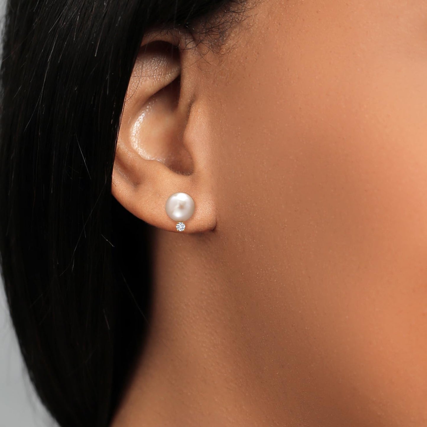 14K Yellow Gold Cultured Freshwater Pearls and White Lab Grown Diamond Stud Earrings for Women (Pearl: 6.5MM, Diamond: 0.13 Cttw, round 2.5MM)