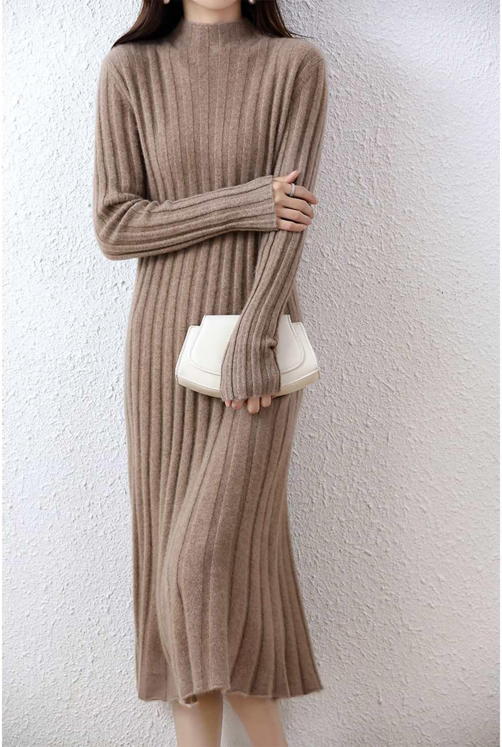 100% Wool Sweater Dress Women'S Mock Neck Pit Strips Slim V-Neck Long Sleeve Pullover A-Line Knitted Dress