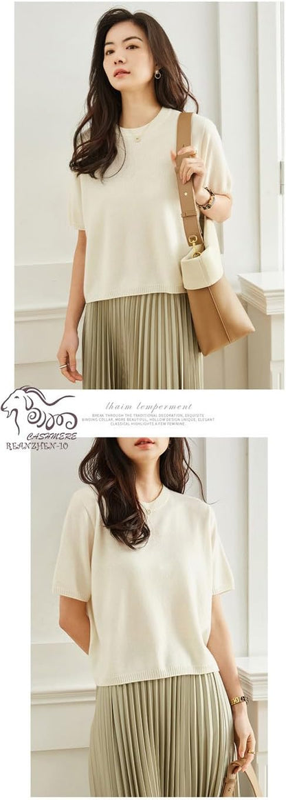 Cashmere Essential Polo Sweater 100% Pure Cashmere Short Sleeve Pullover for Women (White,Xl)