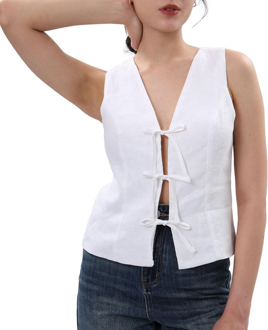 Women'S 100% Linen Tie Front Crop Tops Sleeveless Summer Casual Vest
