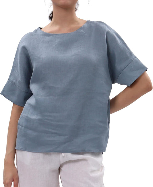 Womens 100% Linen Tops Crewneck Short Sleeve Blouses Casual Summer