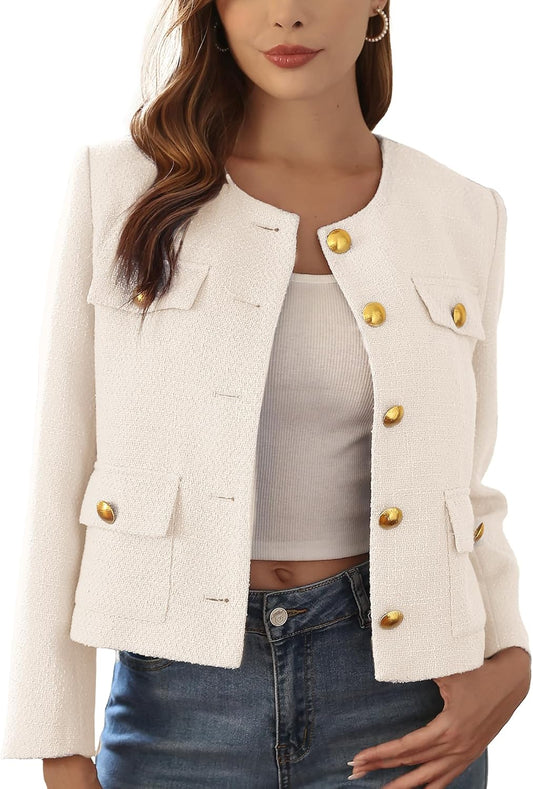 2025 Women Tweed Jacket Cropped Blazers Spring Summer Elegant round Neck Pockets Business Casual Outfit