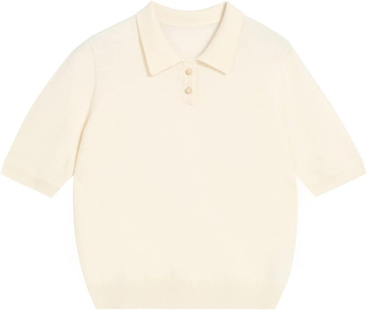 Cashmere Essential Polo Sweater 100% Pure Cashmere Short Sleeve Pullover for Women (White,Xl)