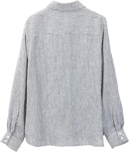 Women'S 100% Linen Button down Collar Shirt Casual Basic Roll-Up Sleeves Blouse Loose Tops Summer