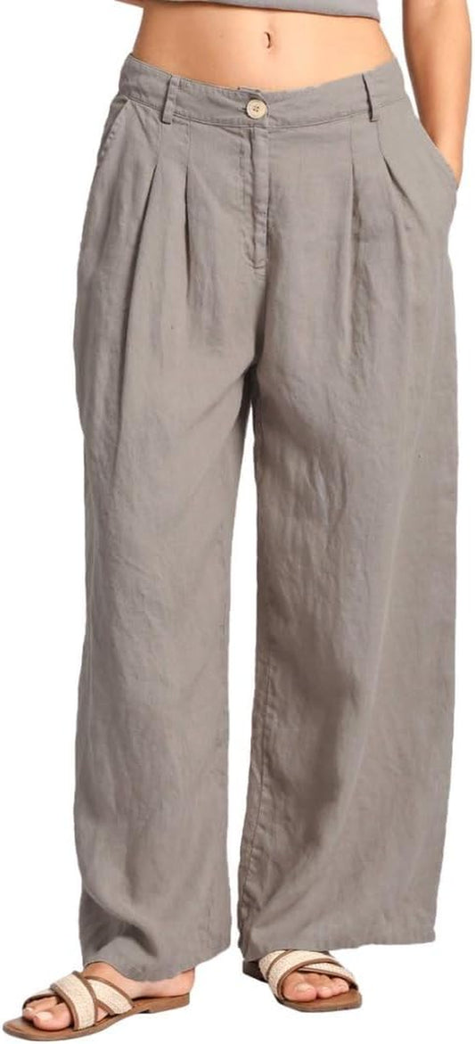 Women'S 100% Linen Plant-Dyed Summer Mid-Rise Wide Leg Pants with Pockets