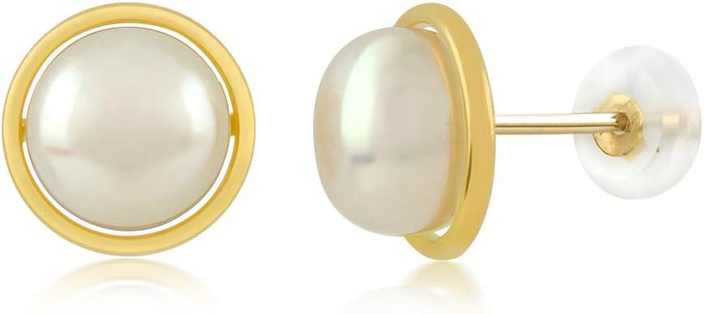 14K Yellow Gold 8MM White Button Shape Cultured Freshwater Pearl Stud Earrings for Women