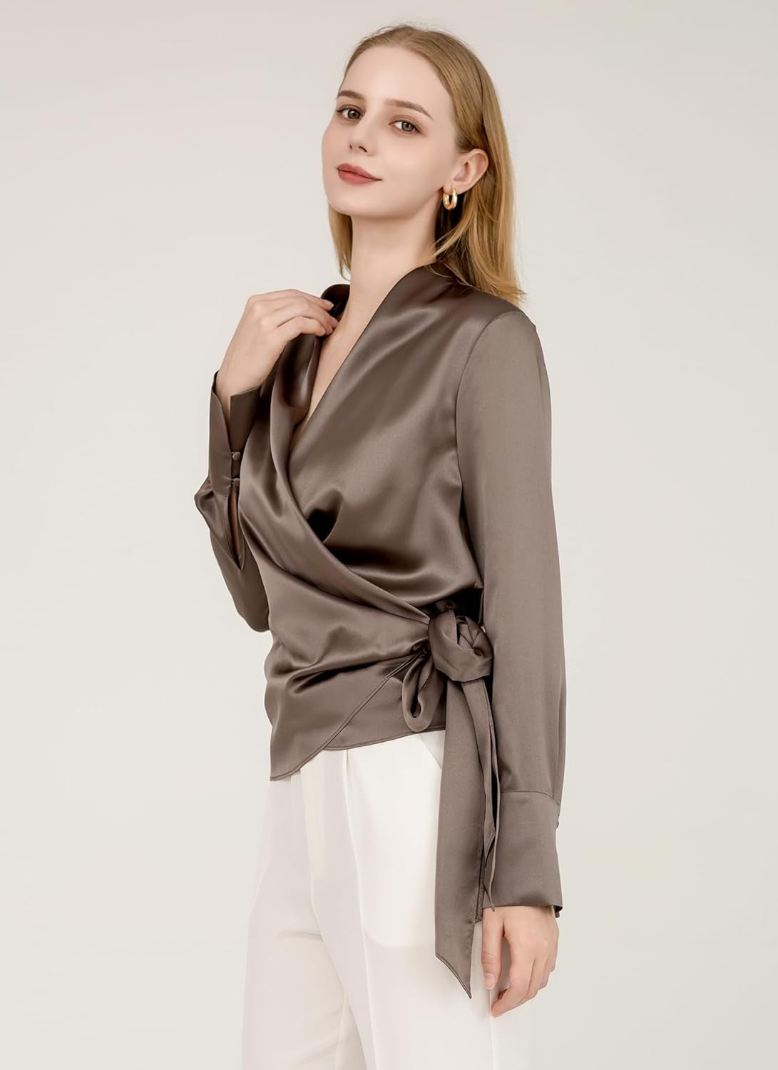 Luxury Mulberry Silk Elegant Fitted Wrap Silk Blouse Long Sleeve Shirt