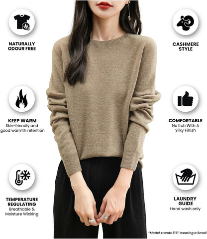 Women'S 100% Merino Wool 2025 Fall Winter First-Line Ready to Wear Long Sleeve Seamless Knit Crewneck Sweater