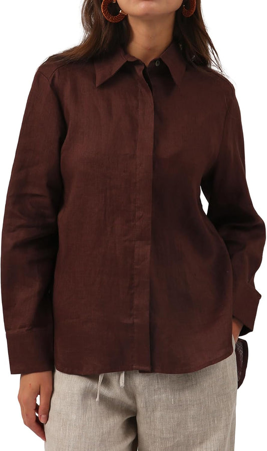 Women' S Pure Linen Button down Shirt Classic Long Sleeve Collared Tops