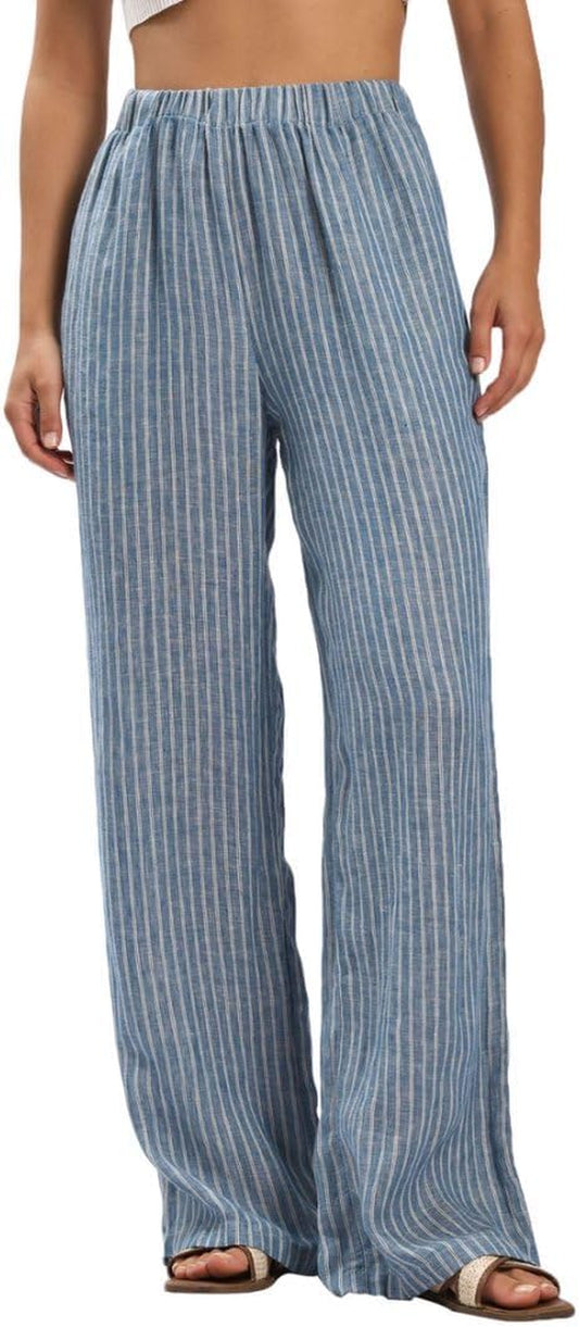 Women'S 100% Linen Summer Casual Elastic Waist Stripes Wide Leg Pants